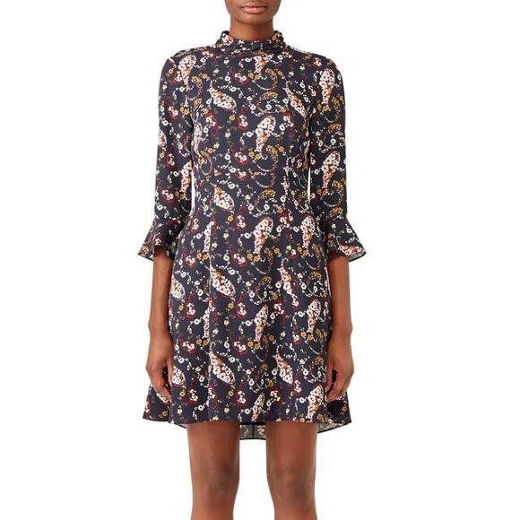 Slate & Willow Floral Pollock Mini Dress Navy Mock Neck Bell Sleeve Size 4 - Picture 2 of 10